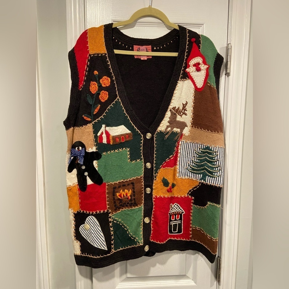VTG 80s Cambridge Country Store Size L Christmas Sweater Vest Cotton Patchwork